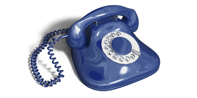 Ein blaues Telefon mit Wählscheibe